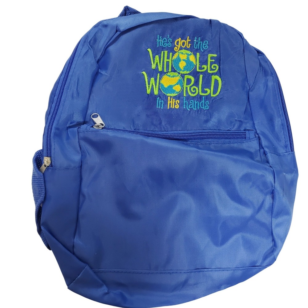 Blue Religious Embroidered Backpack Hes Got the Whole World in His Hands Bag